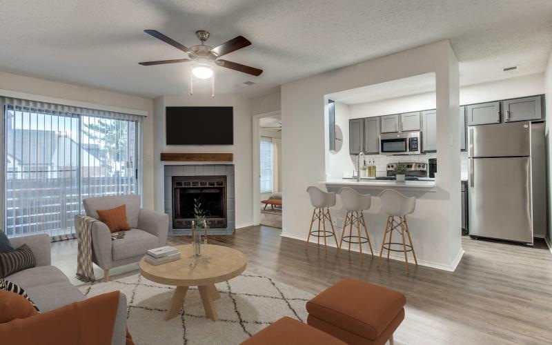 a living room with a fireplace