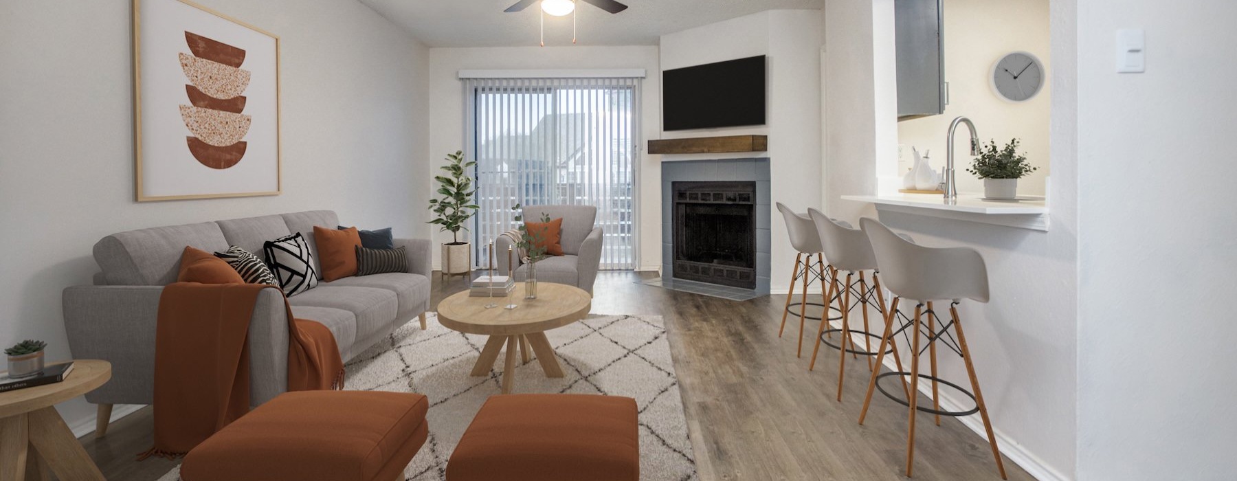 a living room with a fireplace