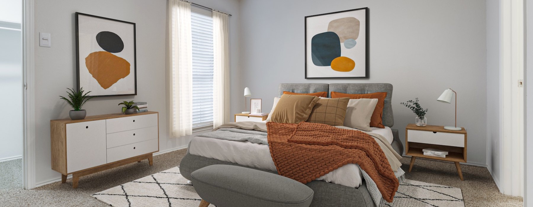 a bedroom with a bed and a fan