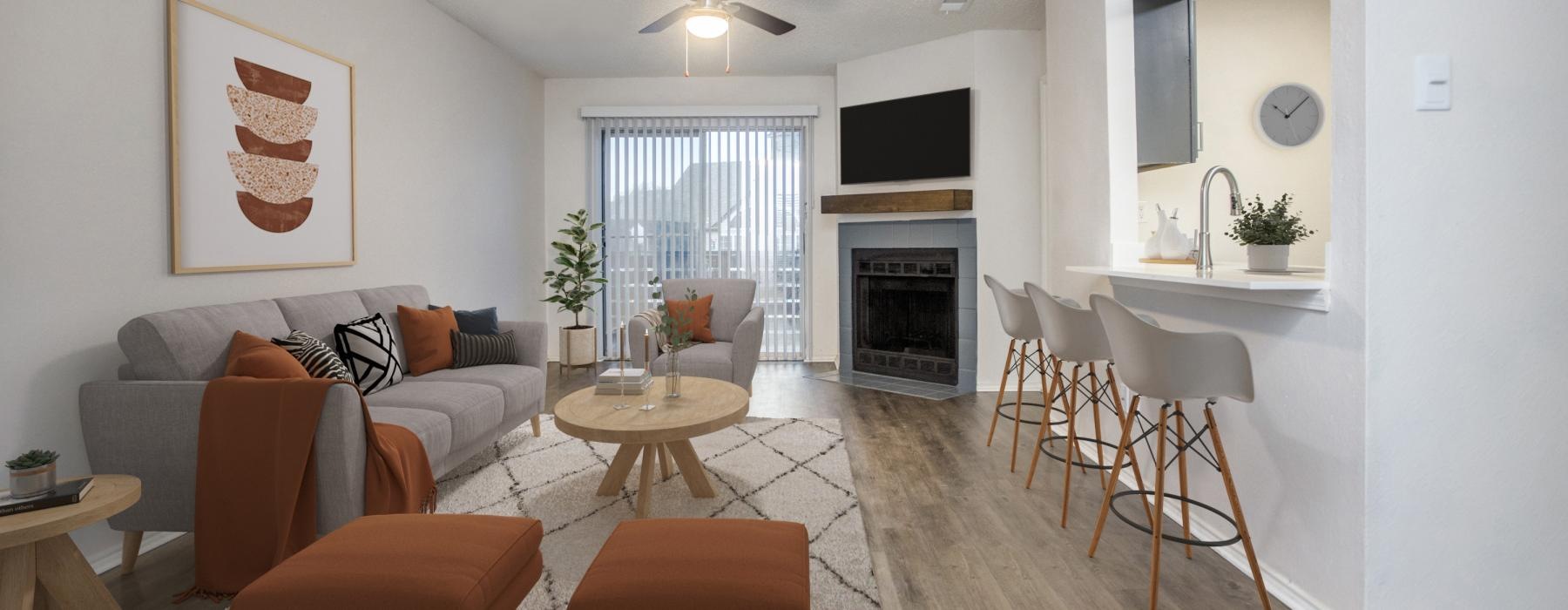 a living room with a fireplace